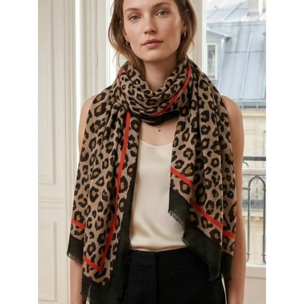 Large Leopard Print Scarf with Red Accents